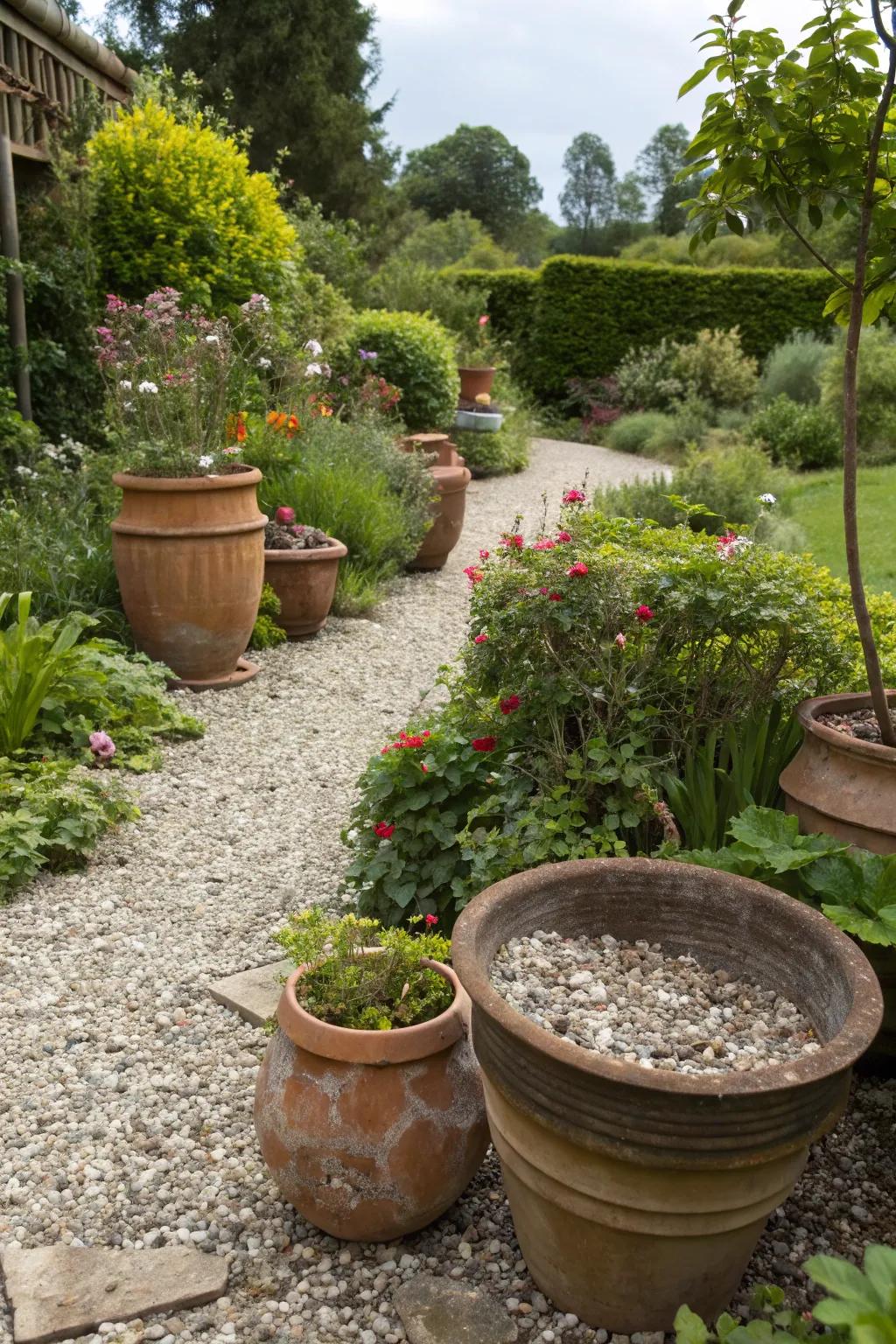 Different pot sizes create a multi-layered look in this gravel garden.