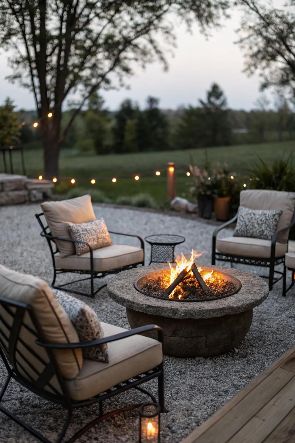 A gravel patio centered around a fire pit with comfortable seating.