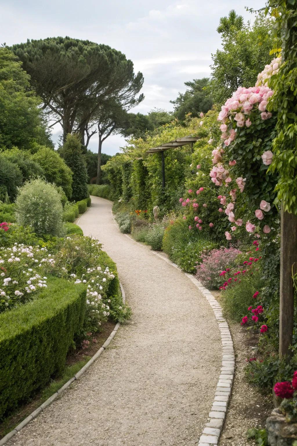 A curving stone chip trail meandering through an abundant garden