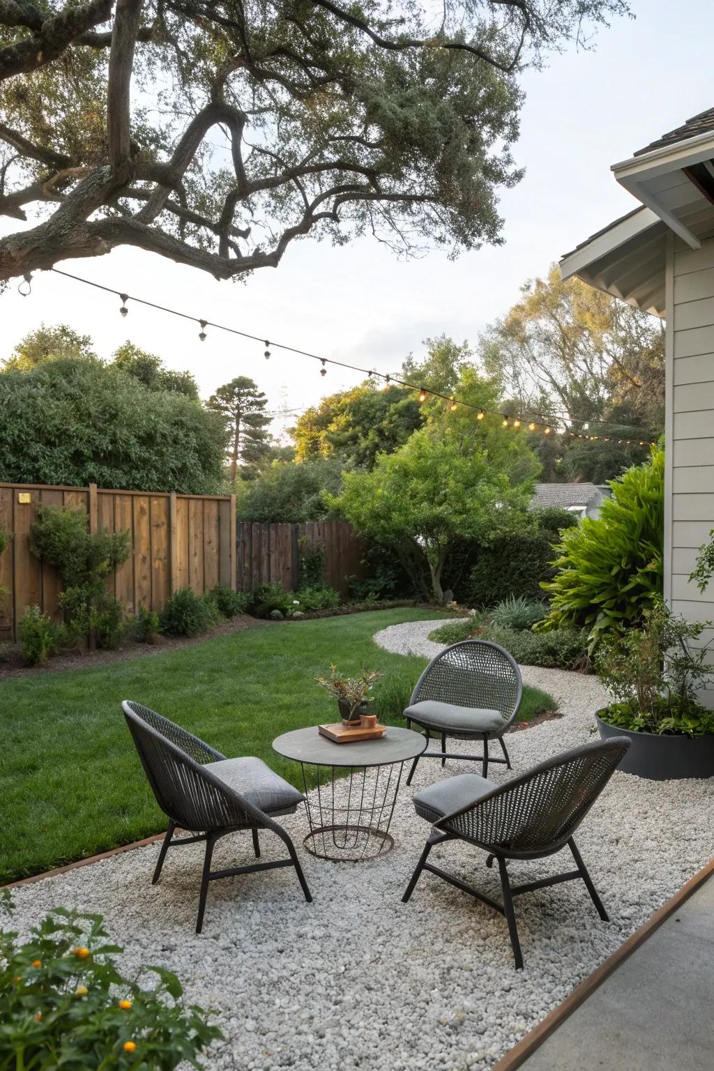 A peaceful outdoor sitting space using pebbles, perfect for rest.