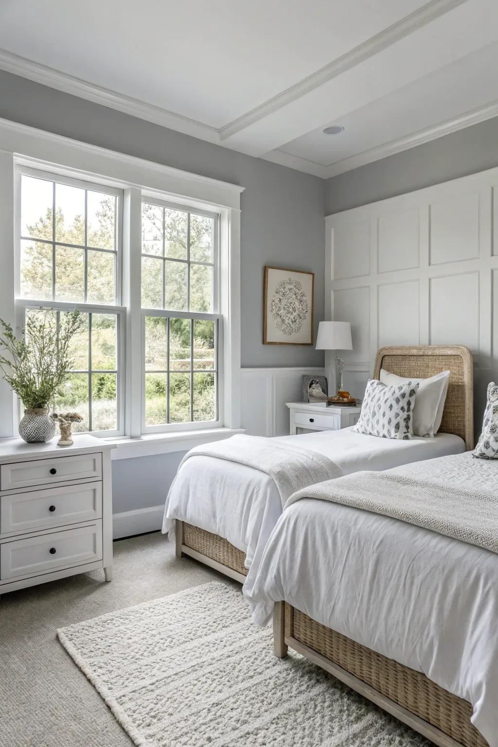A timeless gray and white bedroom bathed in natural light.