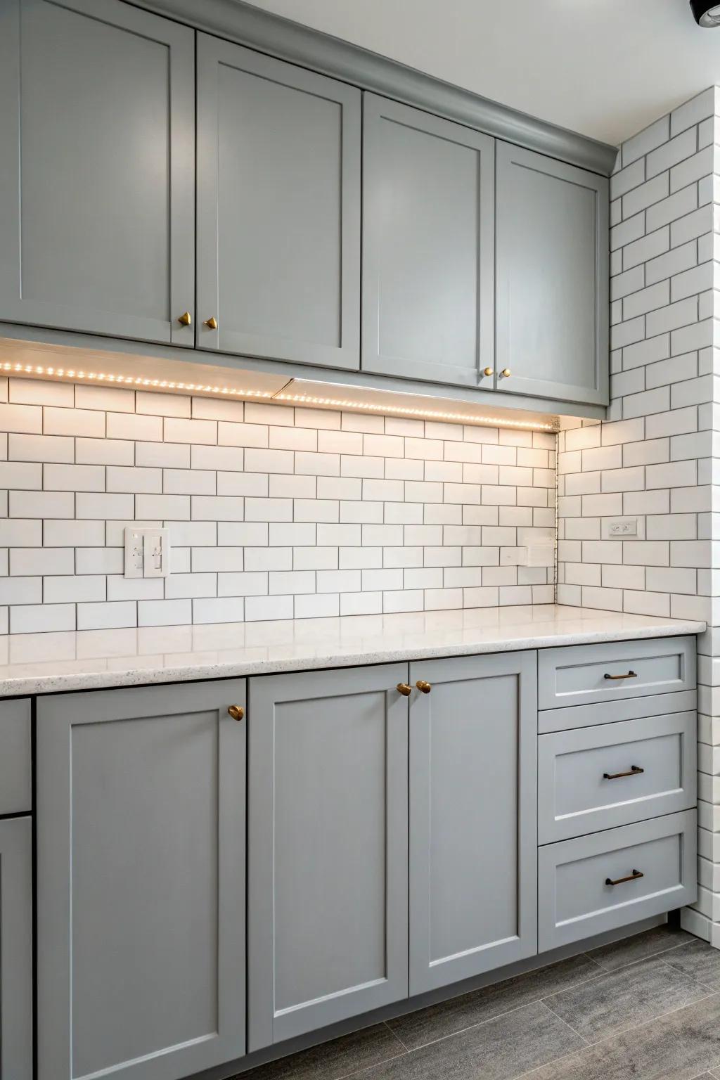 Gray units set against a white brick-style backsplash for a pristine, conventional look.