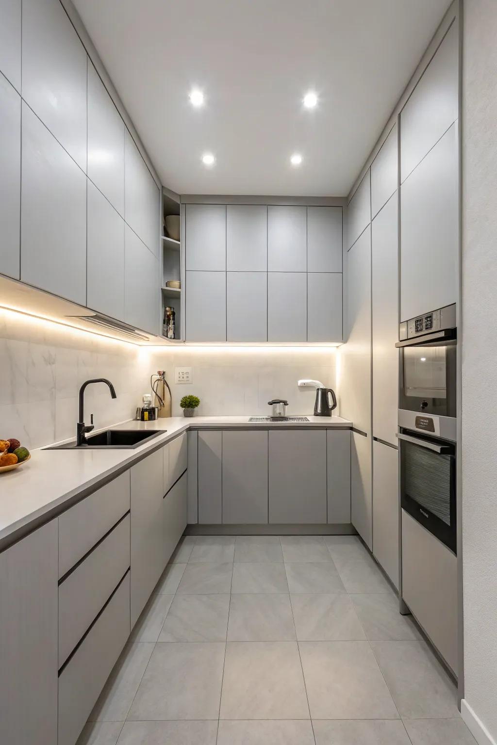 A minimalist kitchen design showcasing the elegance of streamlined gray cabinetry.