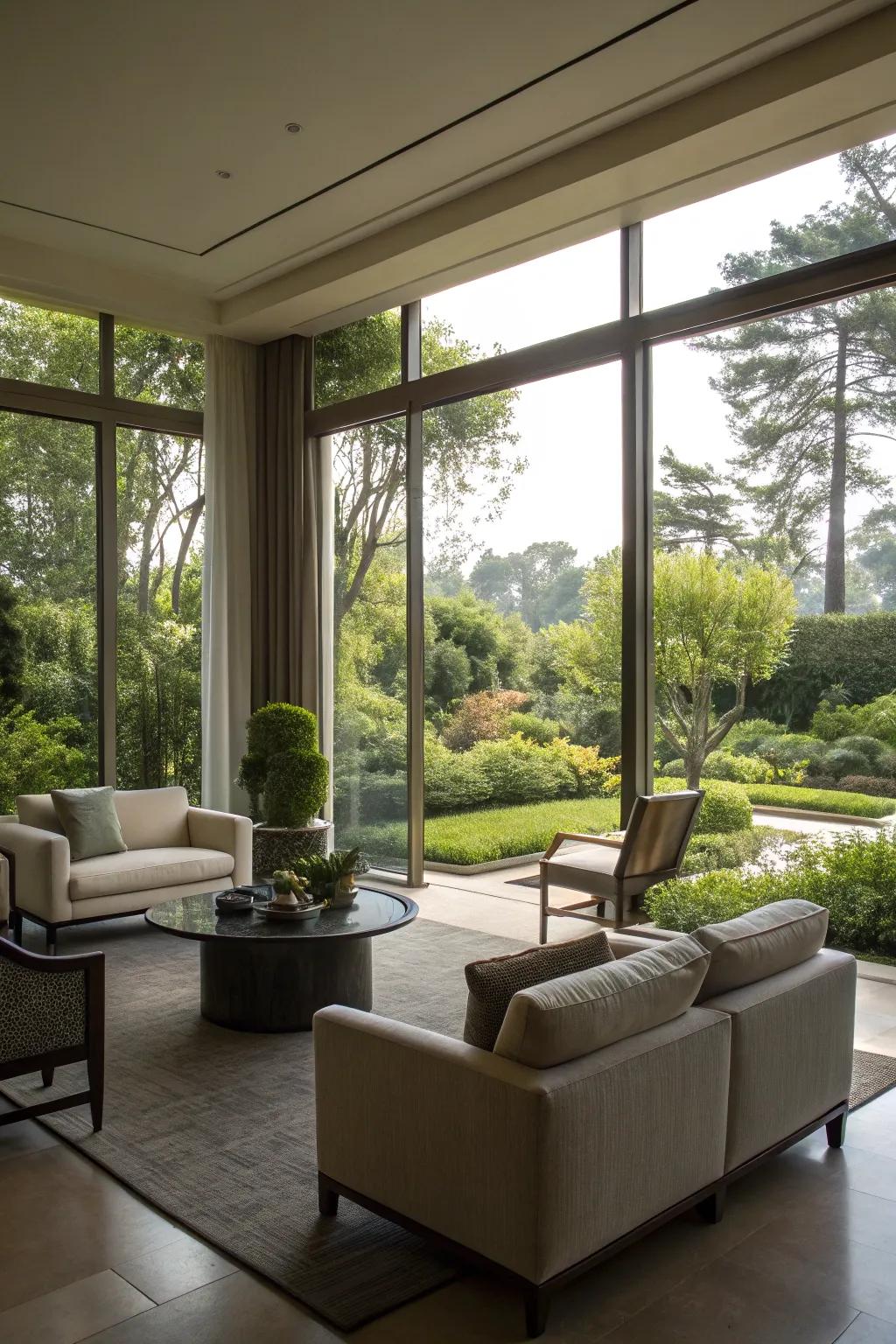 A modern family room with full-length windows presenting a magnificent garden view.