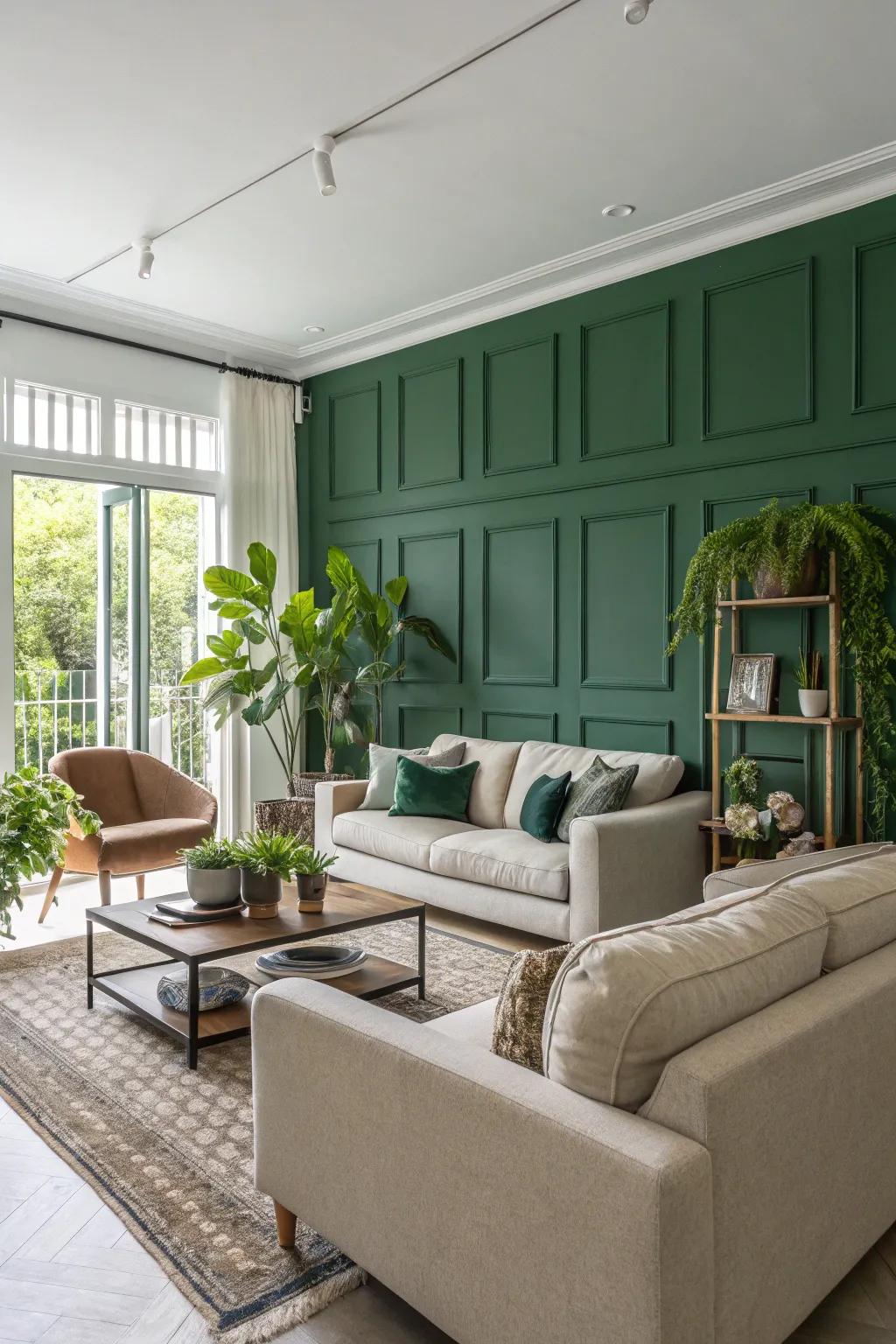 Deep green walls evoke tranquility in this stylish living space.
