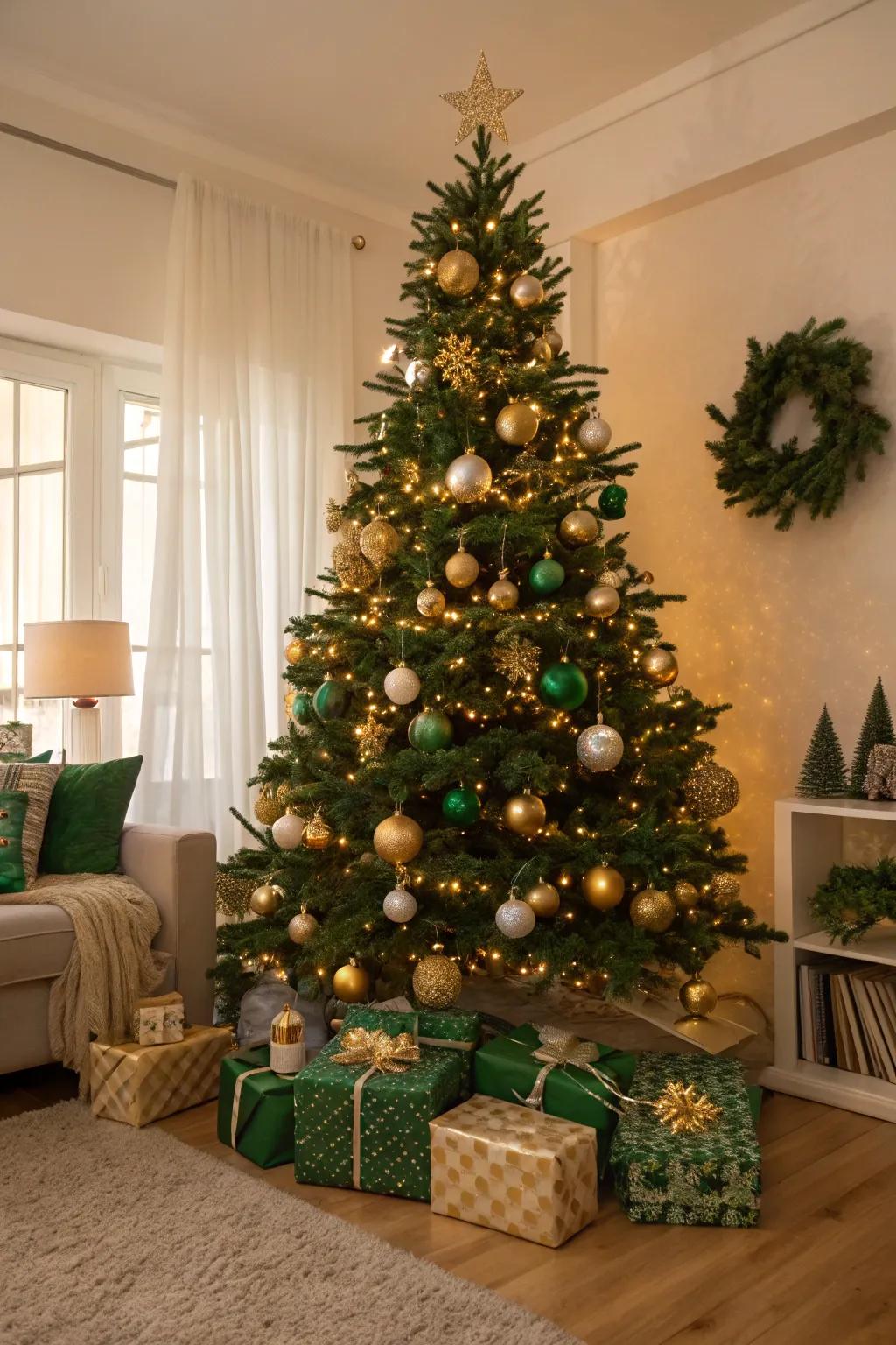Classic green and gold baubles on a Christmas tree