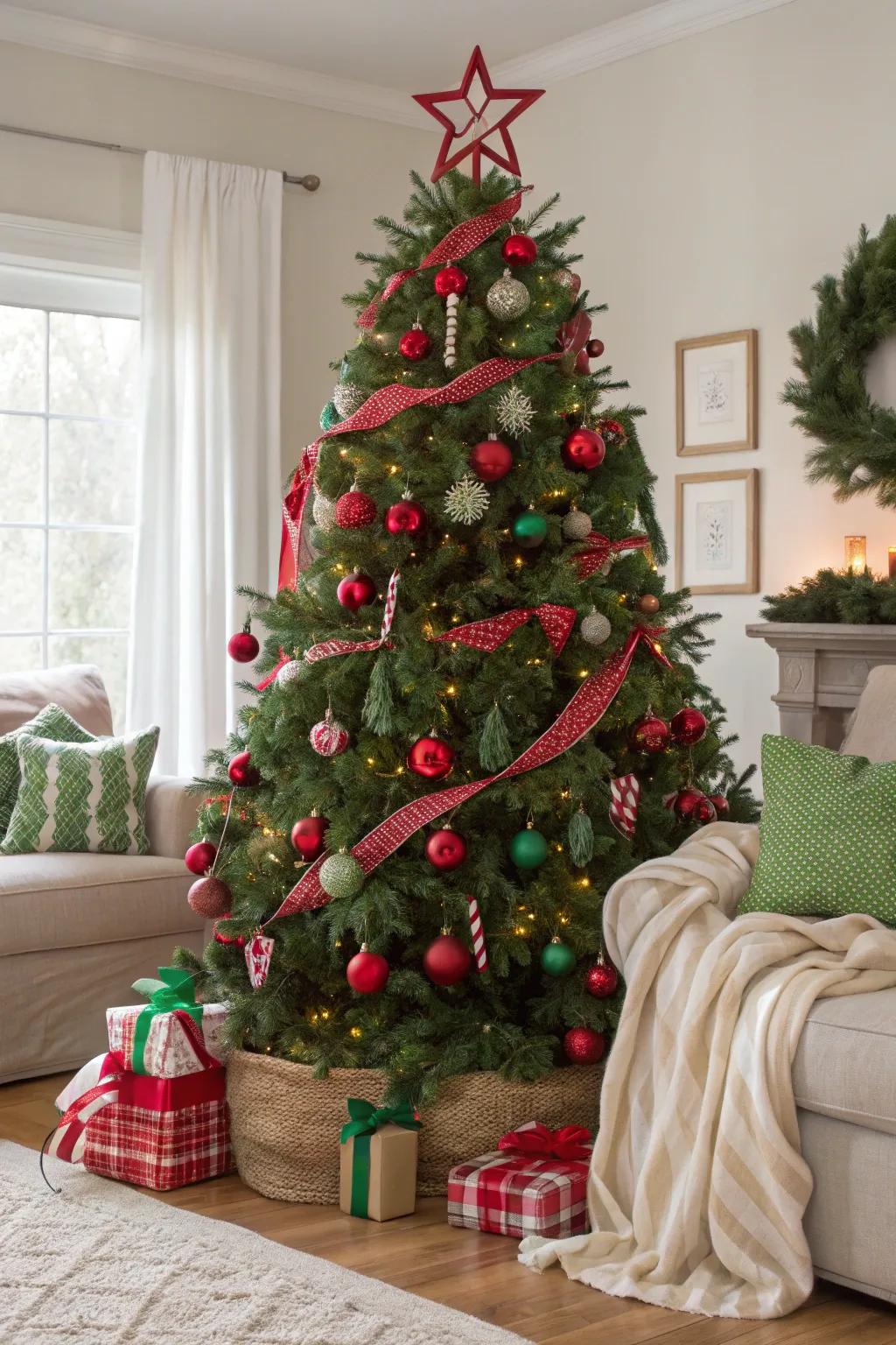A classic red and green Christmas tree adorned with nostalgic decorations.