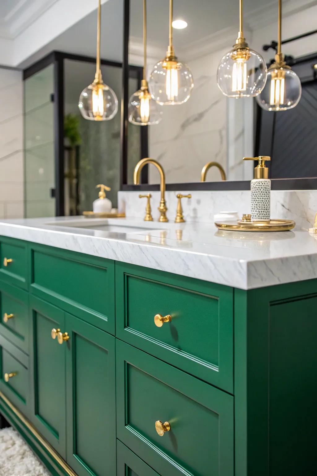 An emerald green vanity enhanced by lavish gold fixtures.