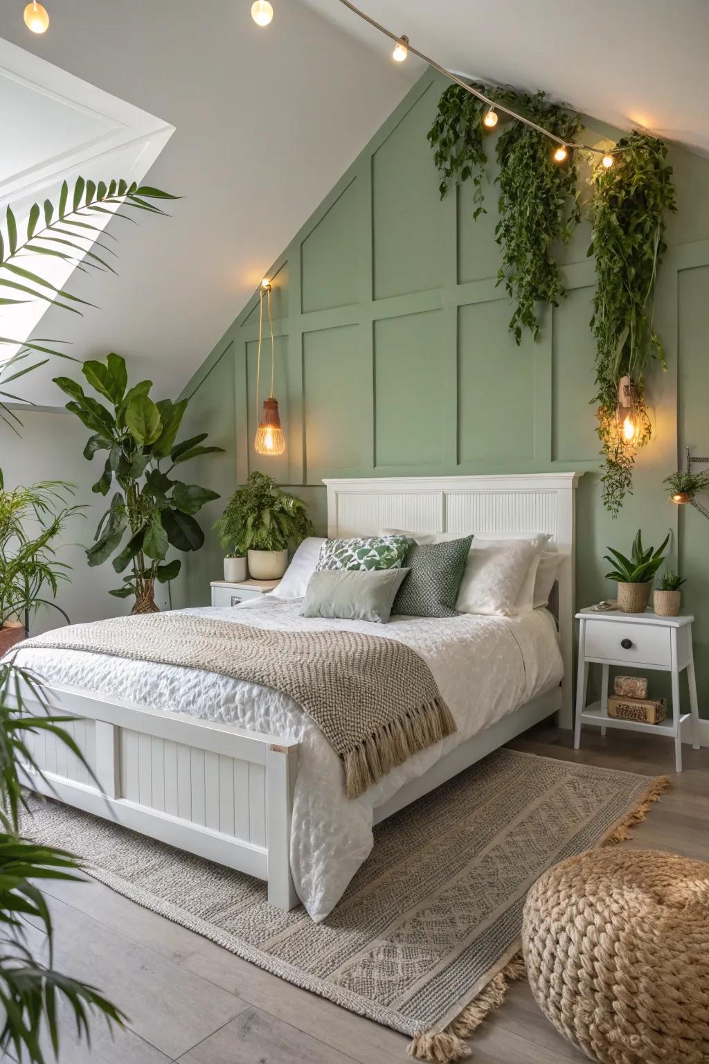 A soft green accent wall provides a tranquil backdrop in this inviting bedroom.