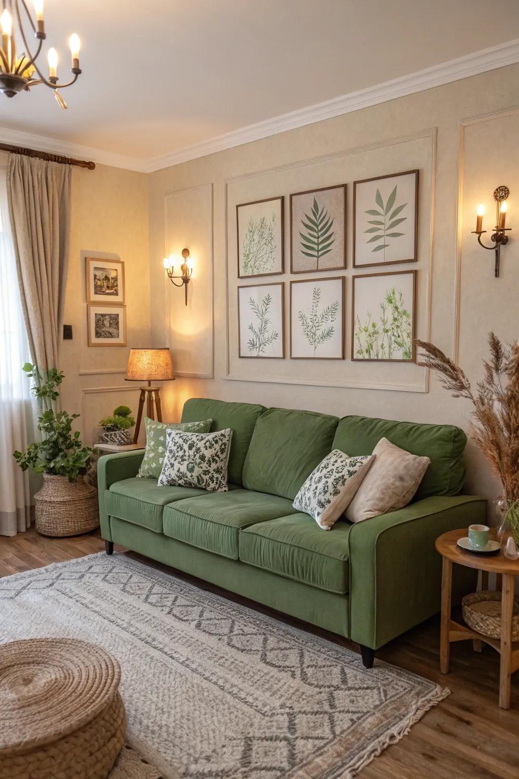 Neutral shades beautifully balance the intensity of a green sofa, creating a peaceful setting.