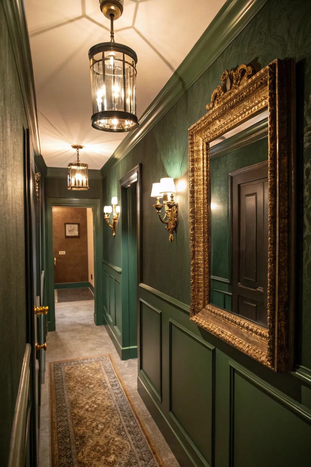 A hallway painted in a rich emerald green creates a cozy and luxurious atmosphere.