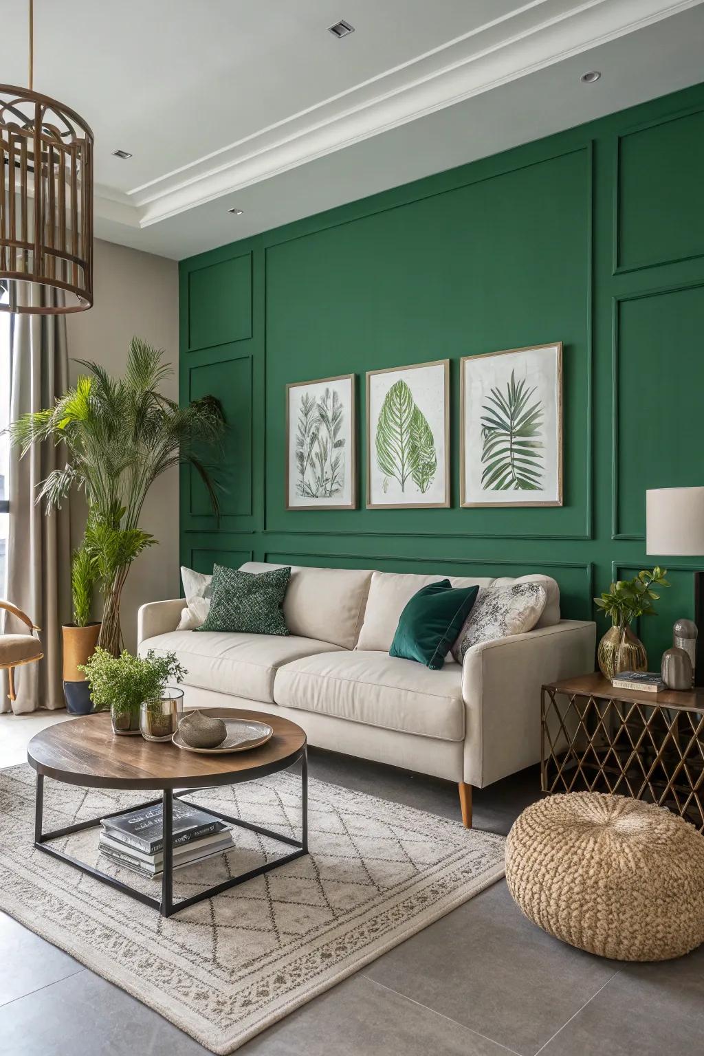 A striking green focal wall can transform any room into a lively area.