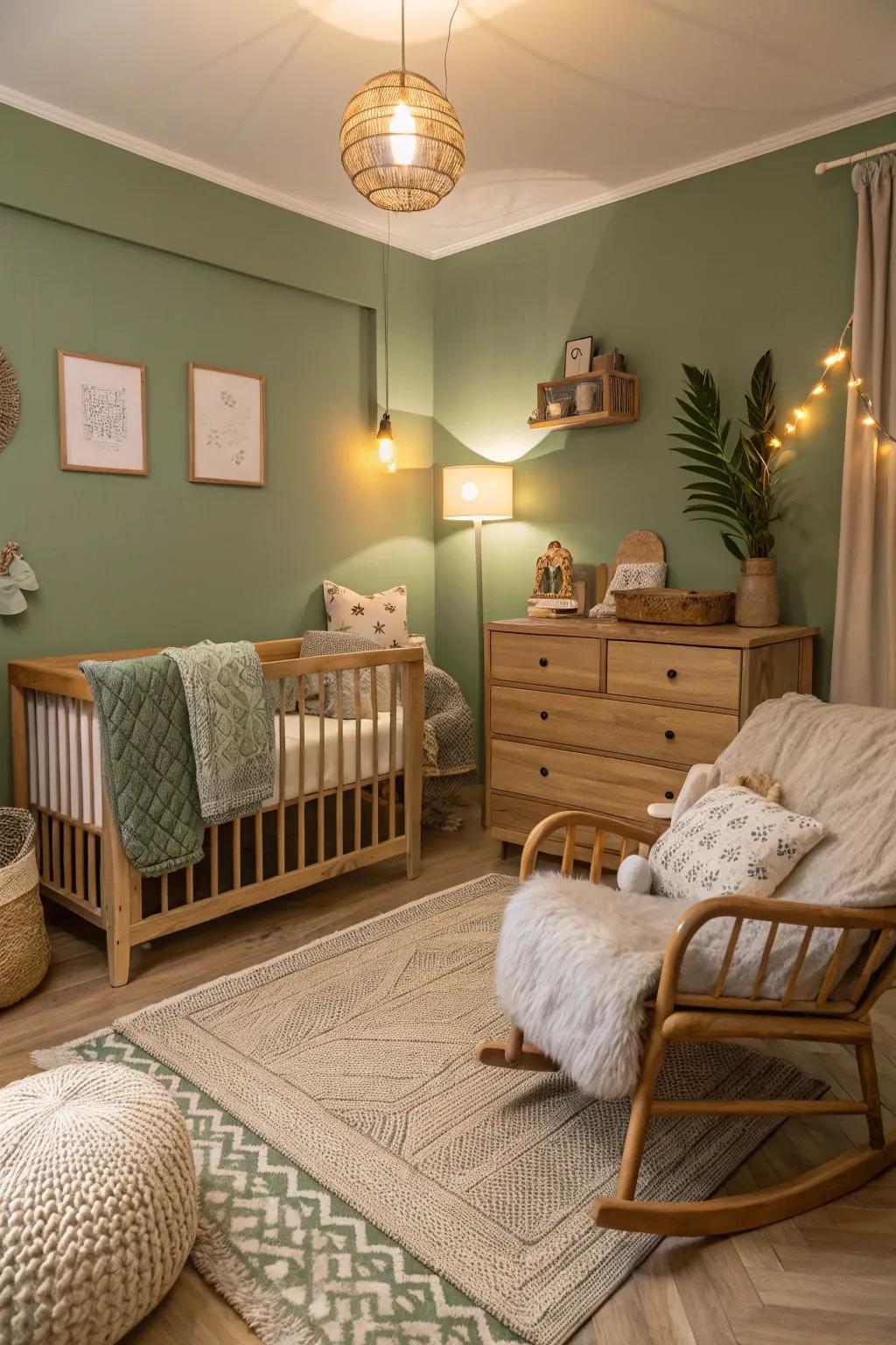 A peaceful sage green nursery complemented by wooden accents.