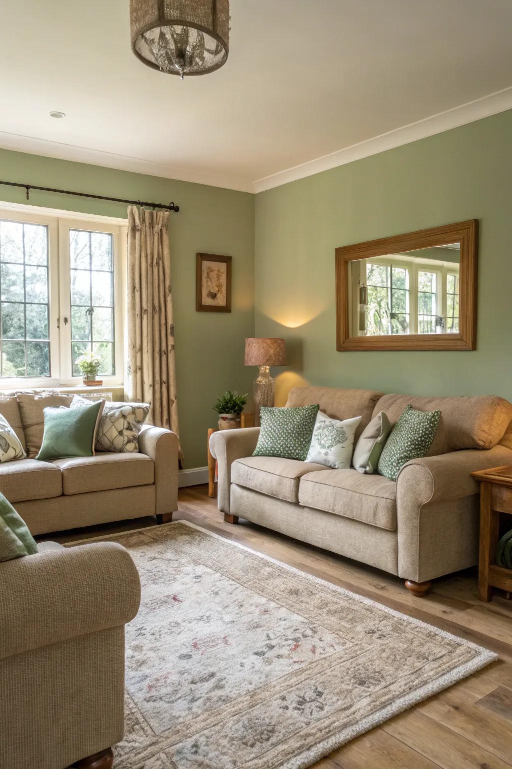 Gentle seafoam green walls offer a calming foundation in this inviting living space.