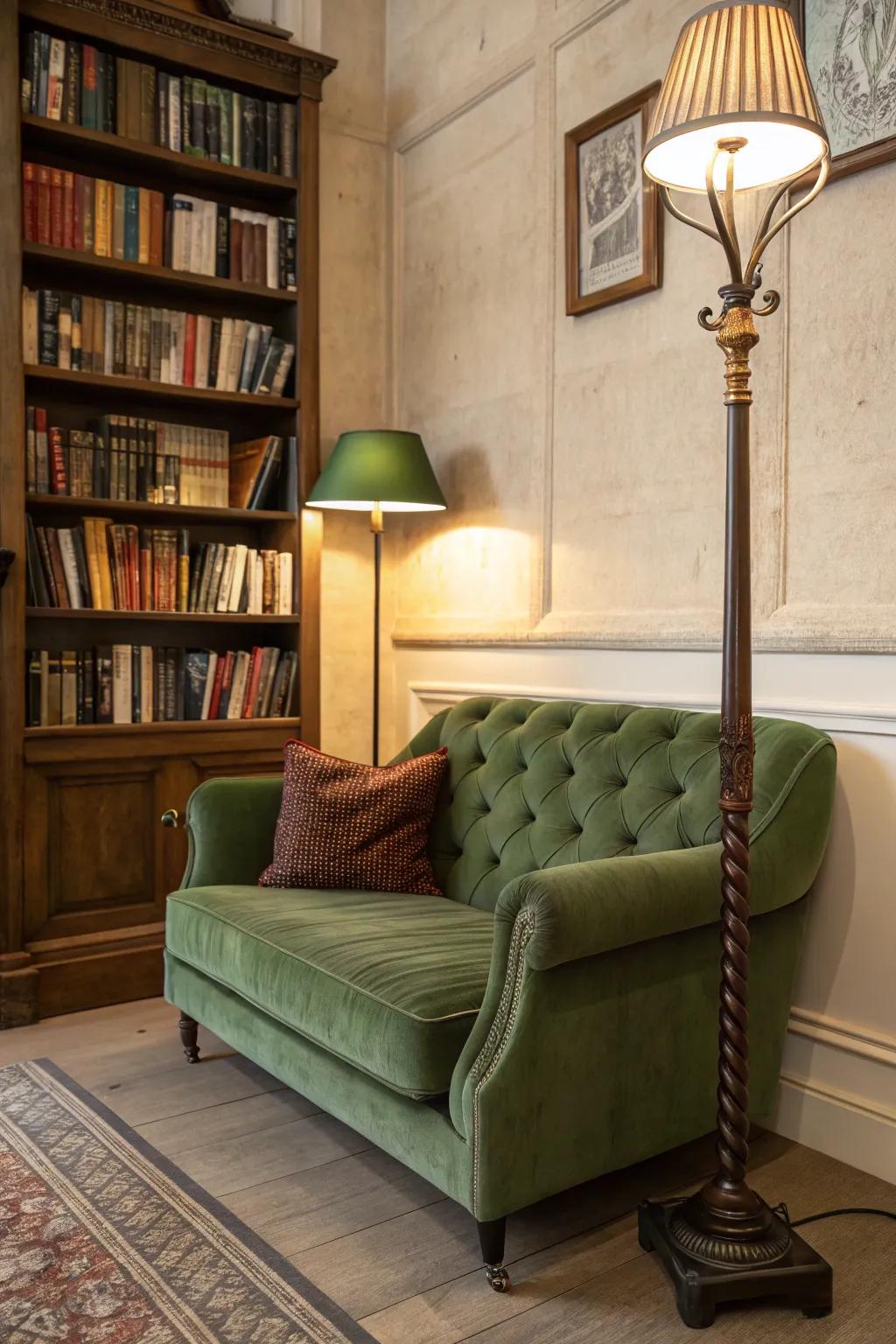 A comfortable reading nook showcasing a green velvet sofa, perfect for relaxation.