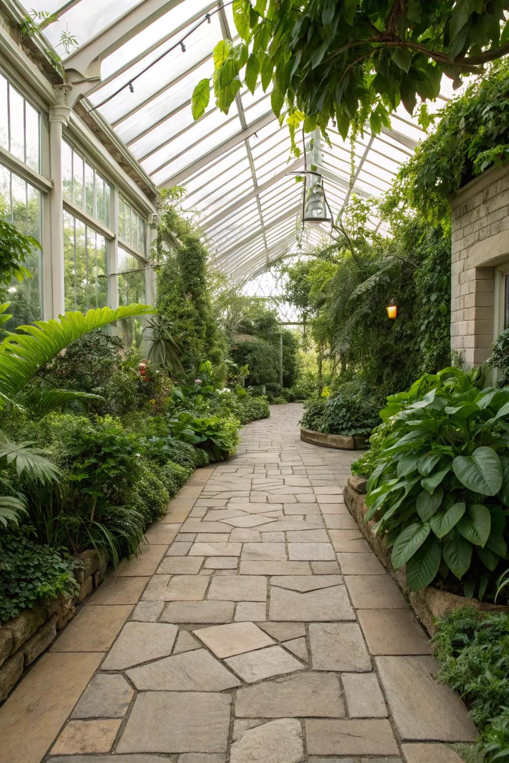 Stone pavers create an attractive and stable surface for greenhouse floors.