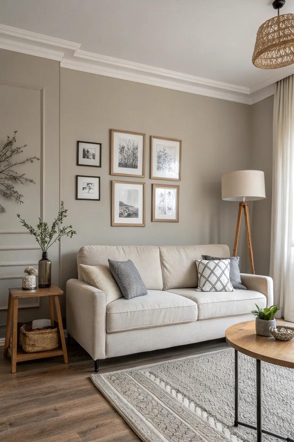 A living room presented with a delicate grey wall which upgrades the overall appearance of the space.
