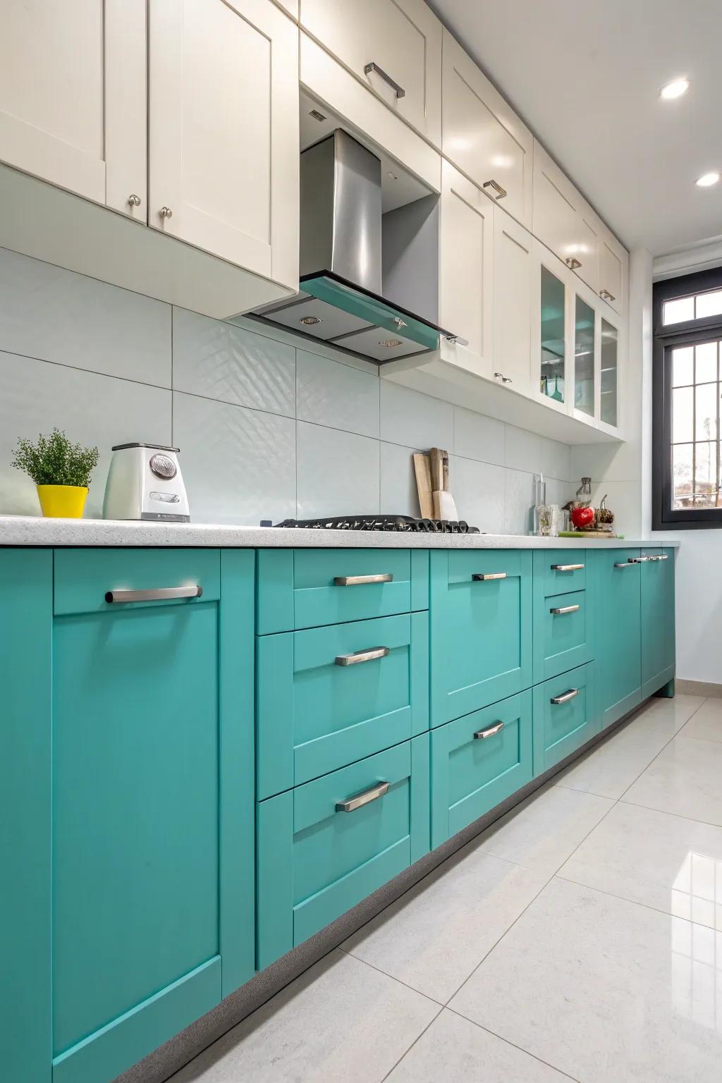 Striking aqua cabinets complemented by subtle grey accents to create a captivating focal point.