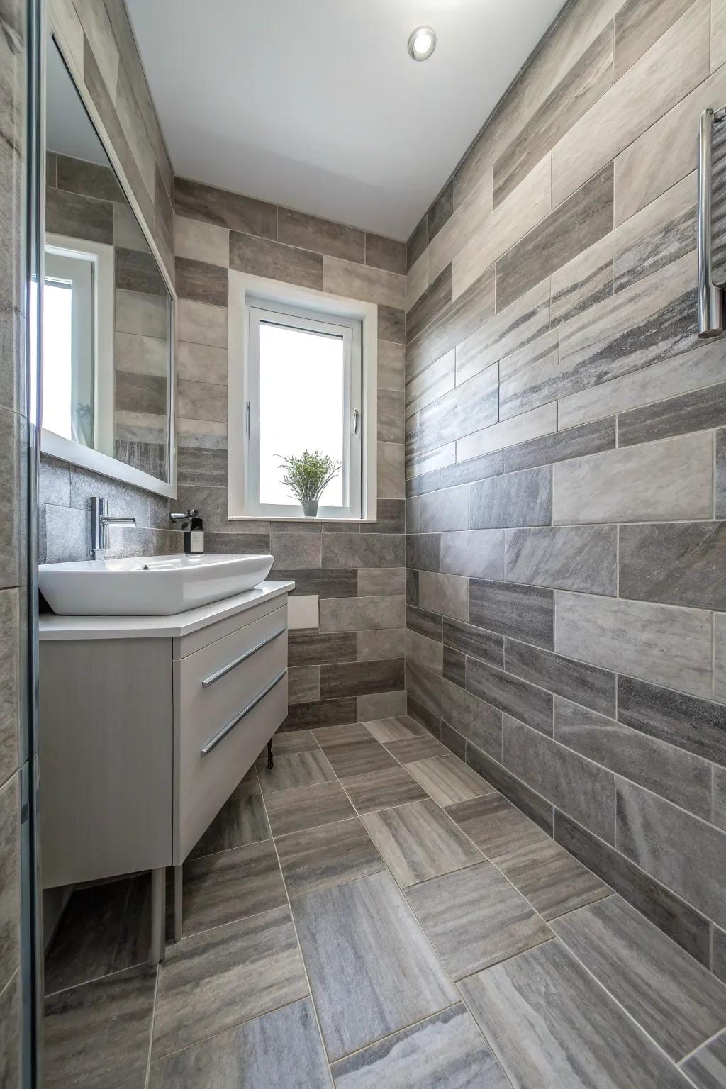 A seamless combination of light and dark grey tiles results in a visually striking ambiance.