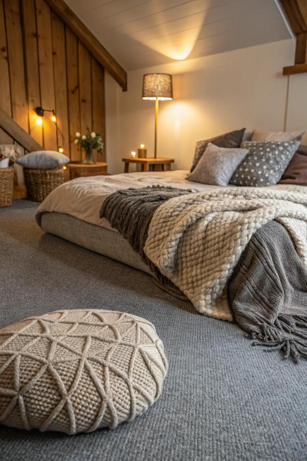 Soft textures bring a cozy and elegant vibe to this bedroom with a grey carpet.