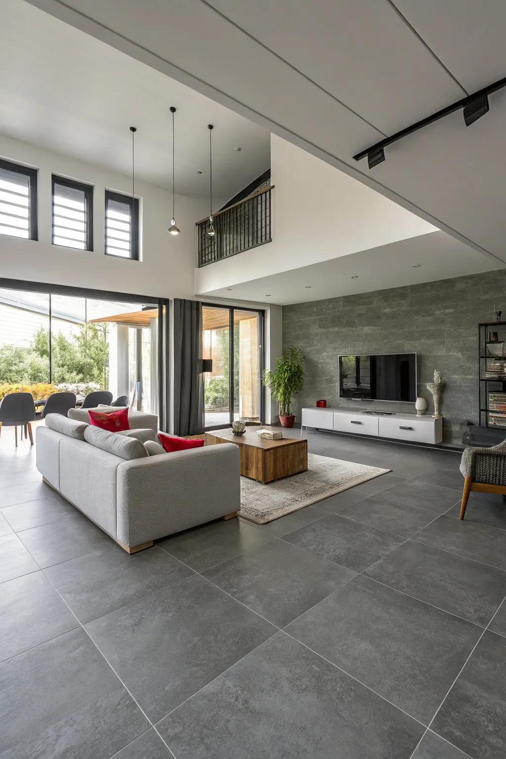 Broad grey tiles give this modern living space an airy and expansive quality.