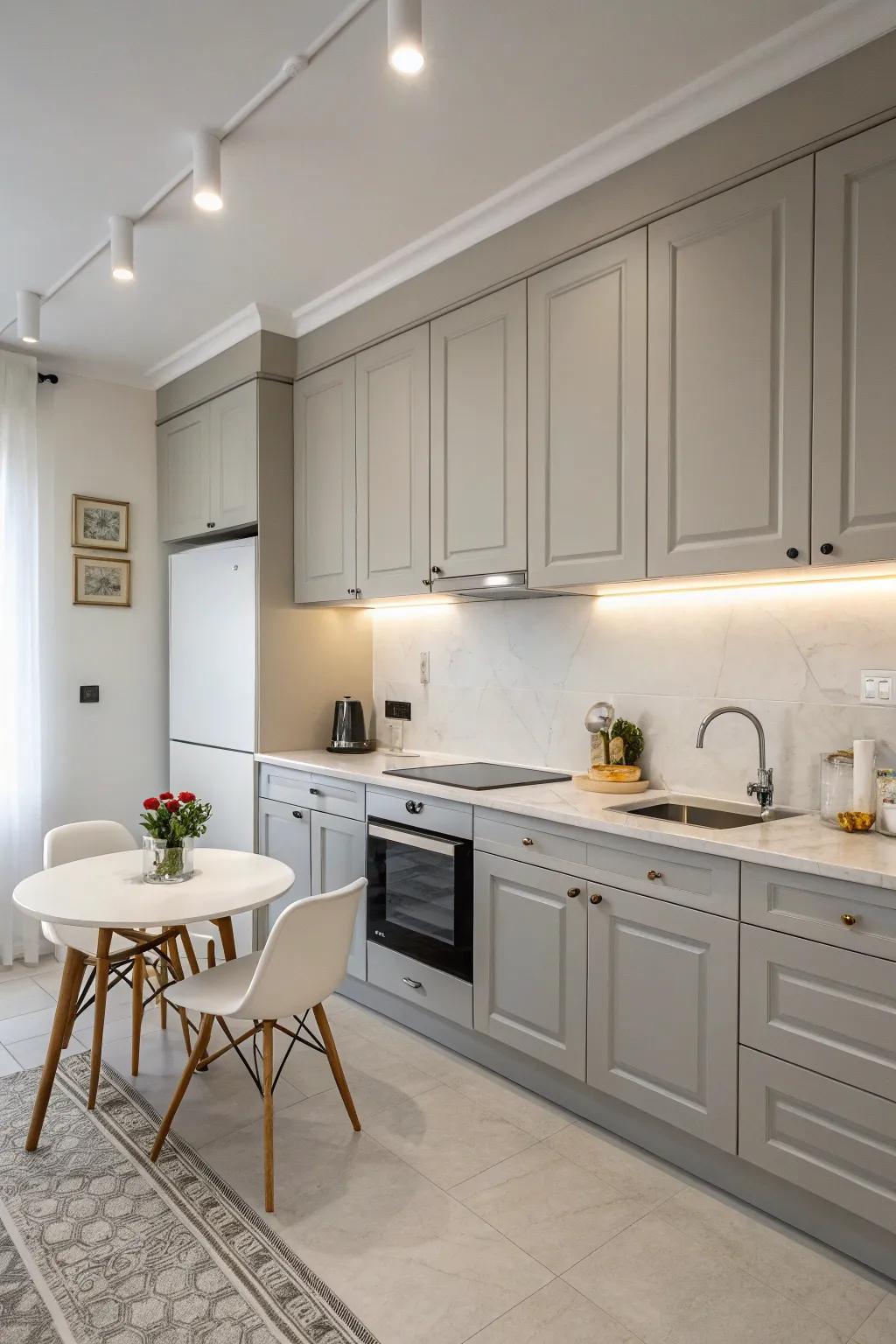 A minimalist grey kitchen radiates simplicity and calm.