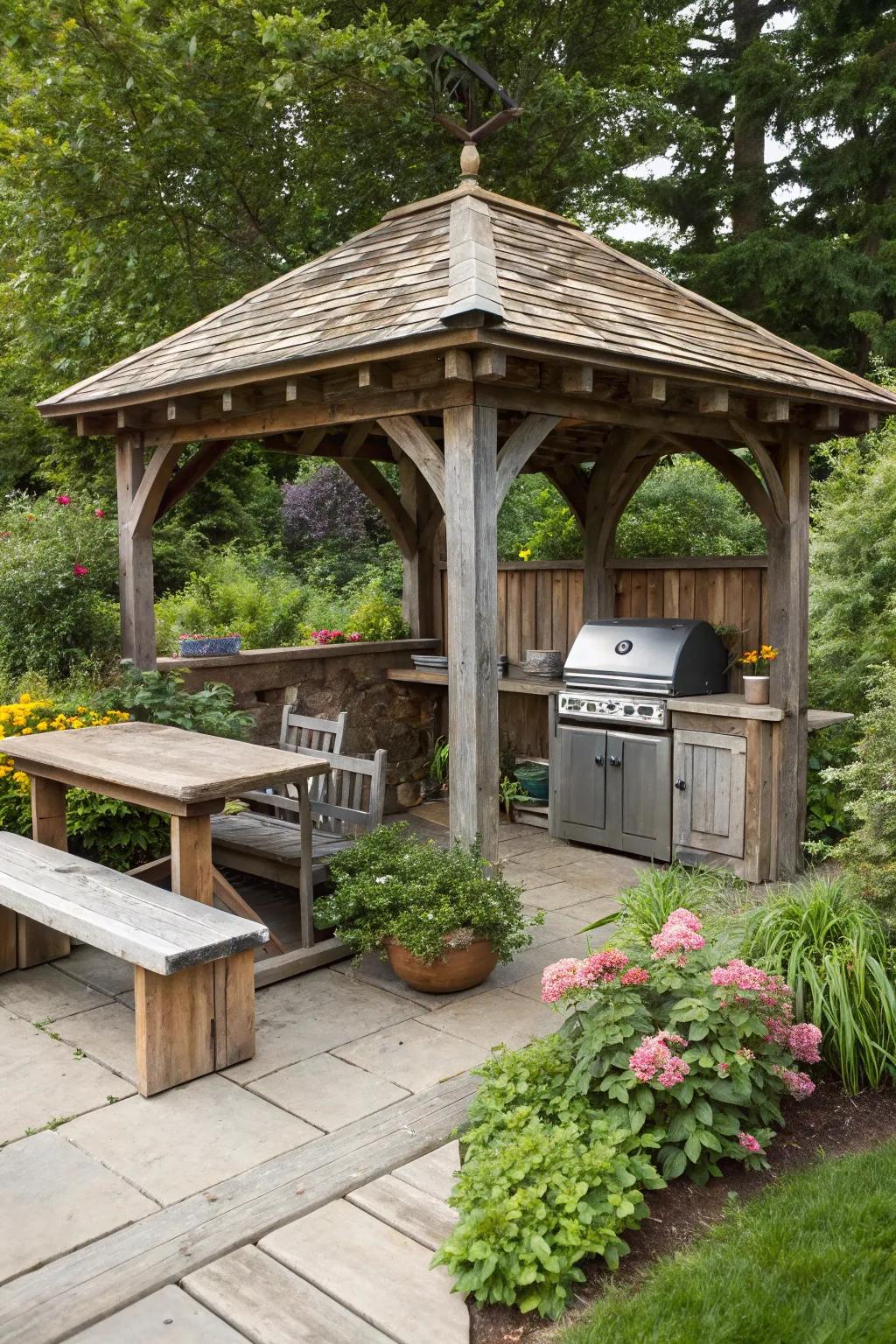 A natural wood gazebo integrates perfectly with nature, providing a peaceful sanctuary.