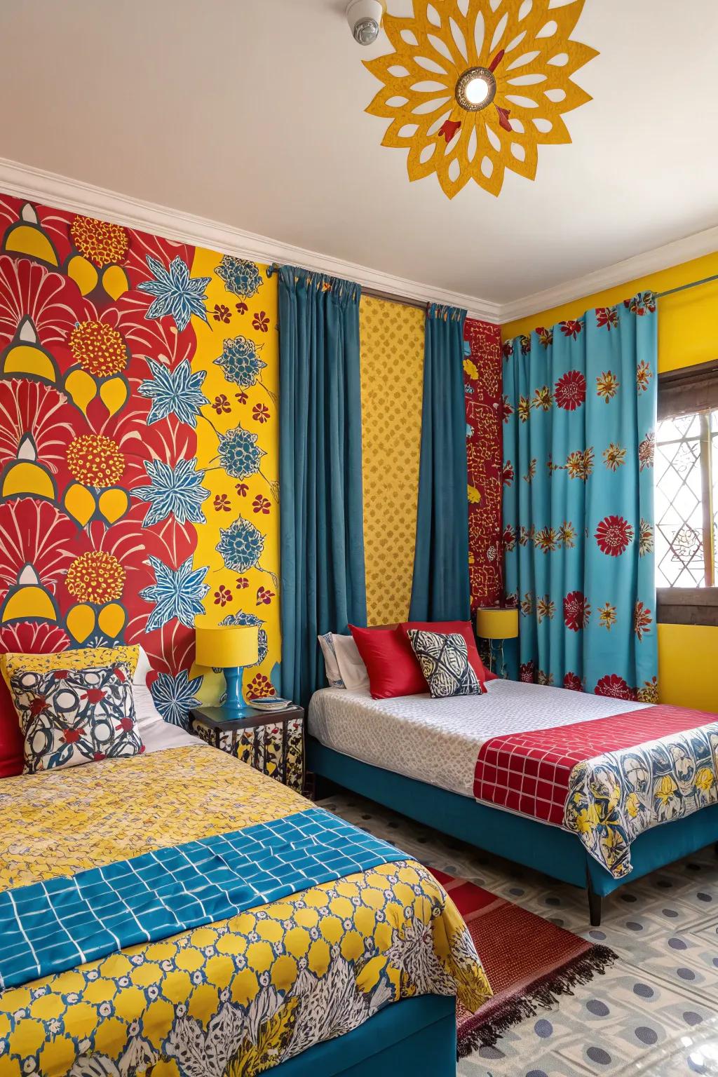 Vibrant shades and designs create an energetic and welcoming room.