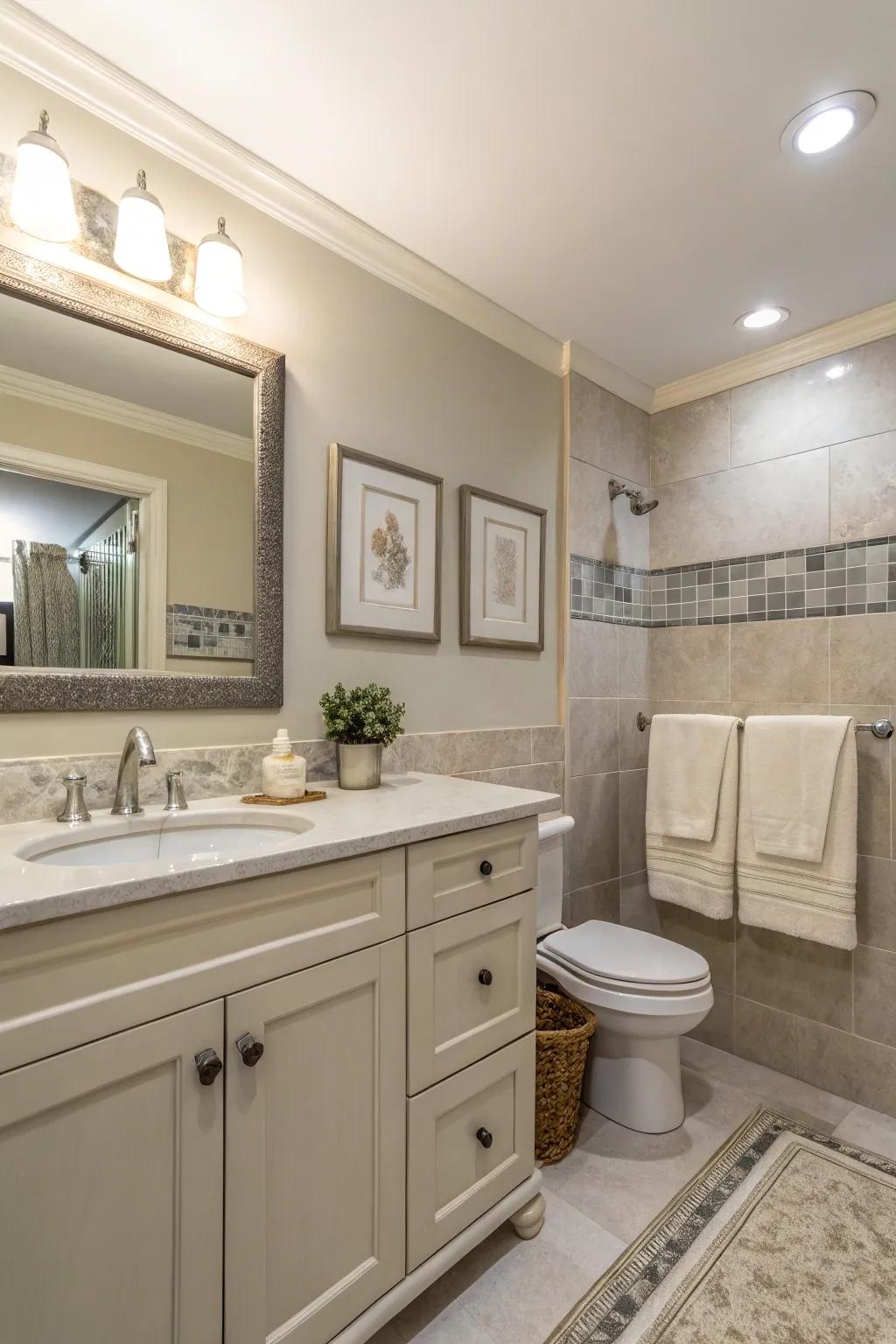 A guest bathroom designed with a soothing neutral palette, using soft beige and gray shades.