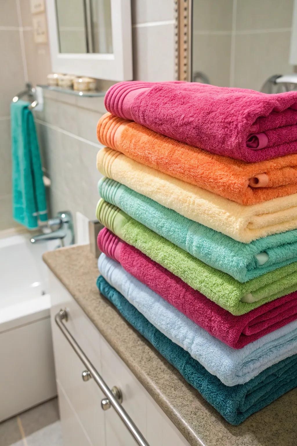 Combine different textures on a towel rod to create an attractive display.