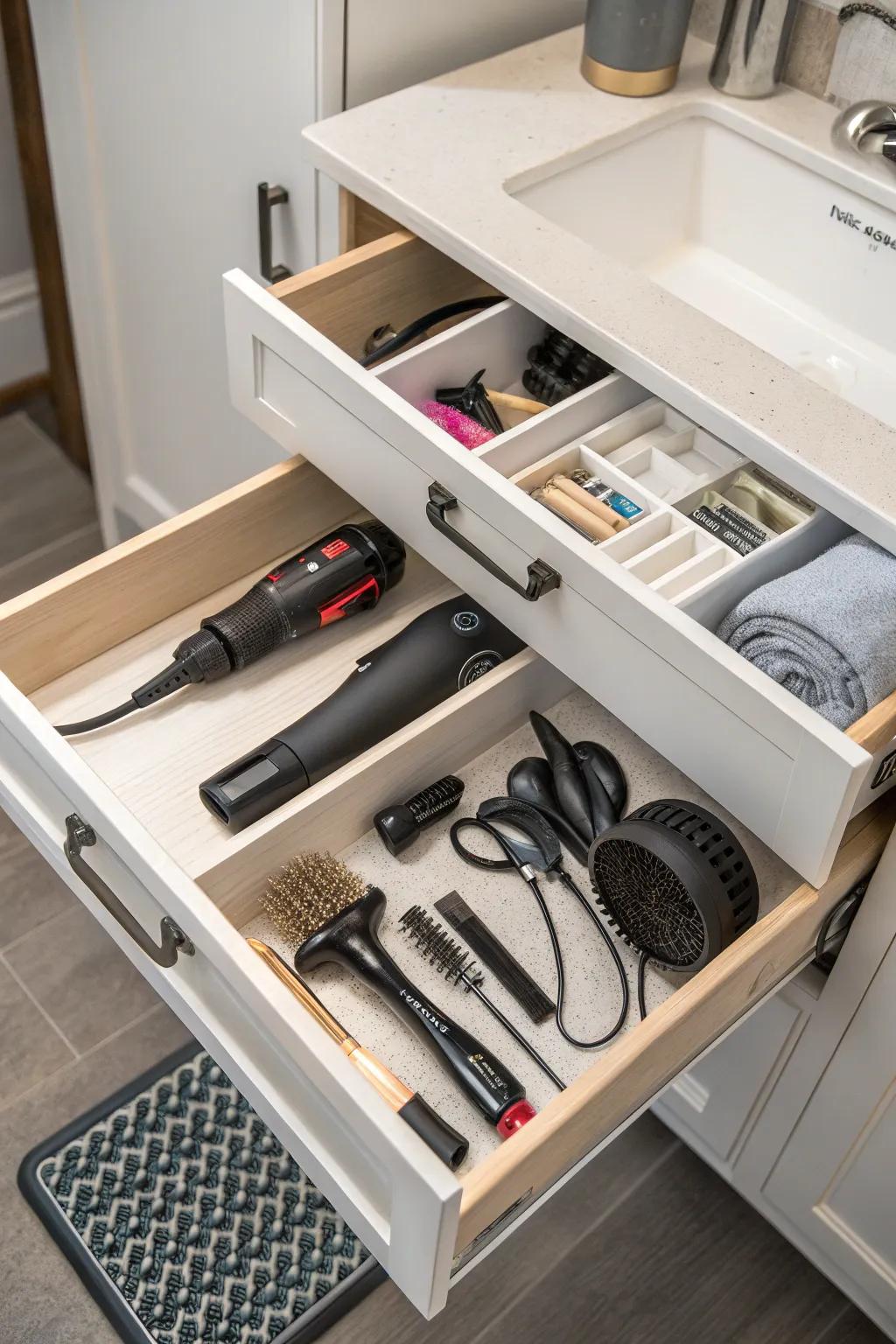 Efficiently utilizing under-sink space with organized sections for hair tools.