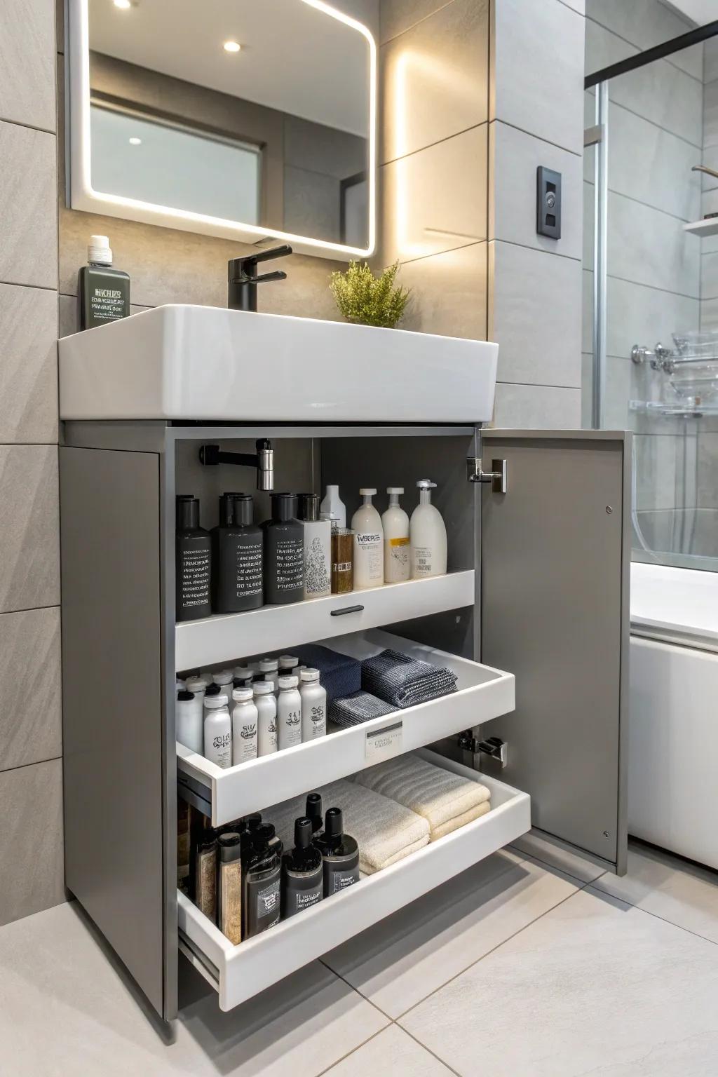 Efficiently using the under-sink area for organized hair product storage.