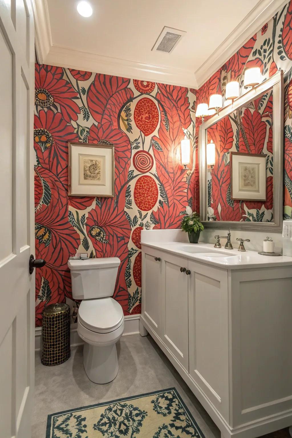 Use a bold, patterned wallpaper to make a statement in your half bath.