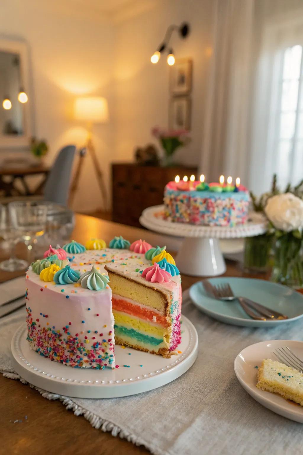 An exquisite half cake embellished with lively icing and sprinkles, ideally suited for a half birthday.