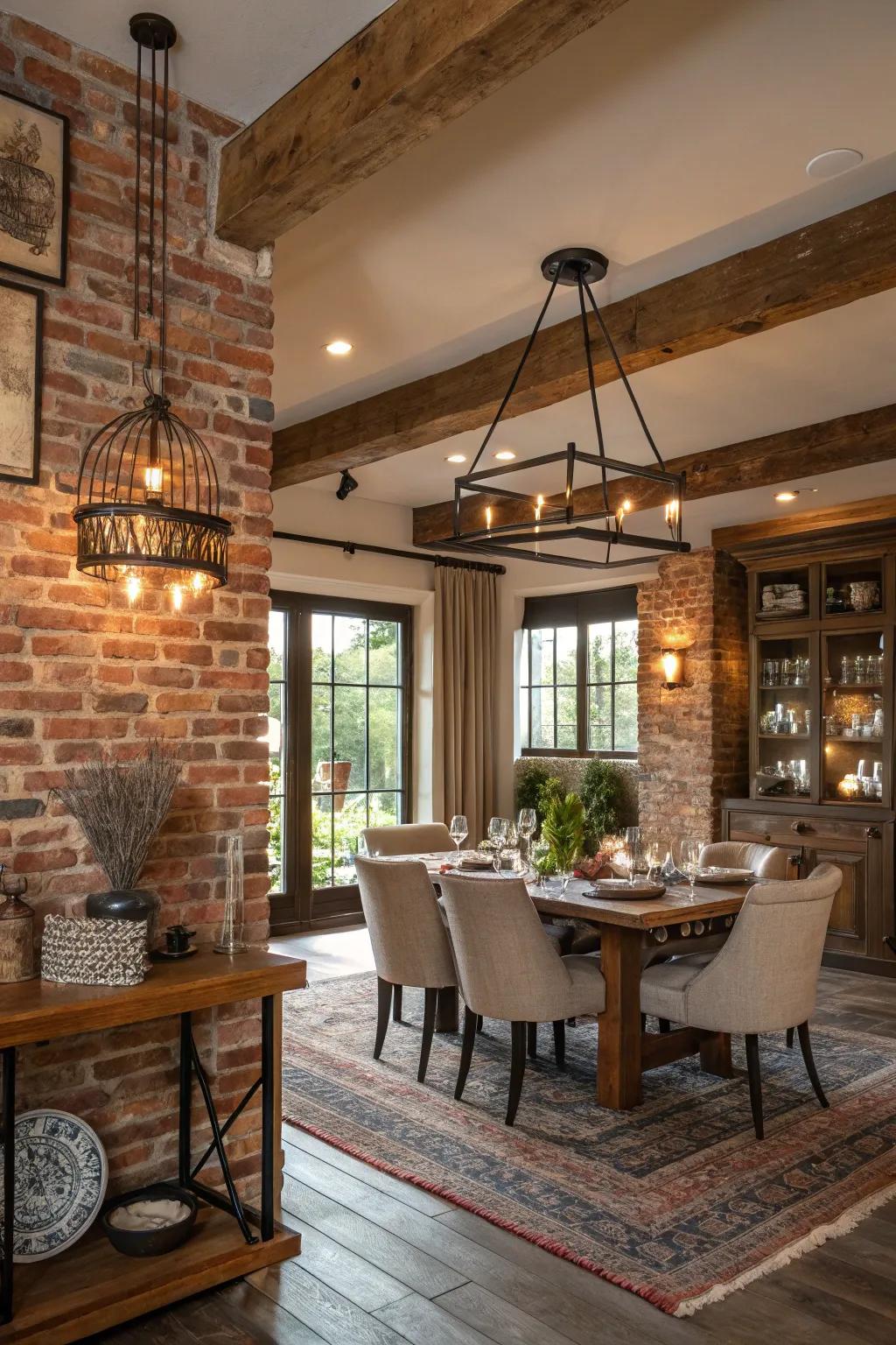 A country-style eating space with a partially exposed brick wall, perfect for intimate gatherings.