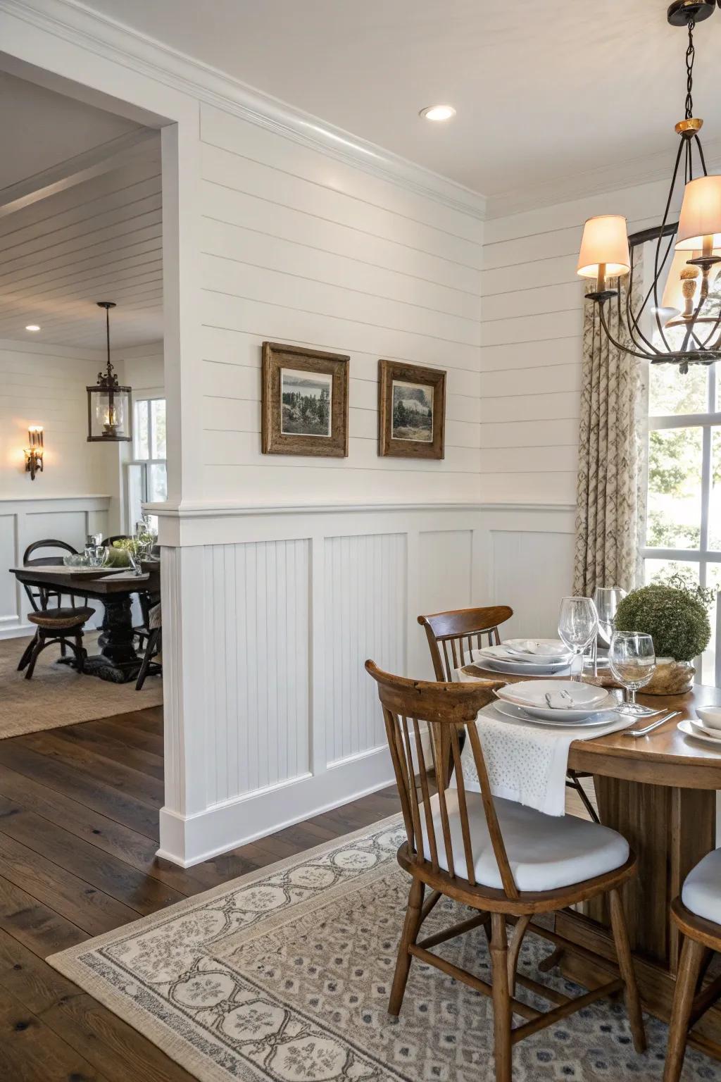 Classic white paneling complemented by a wooden chair rail in a dining room.