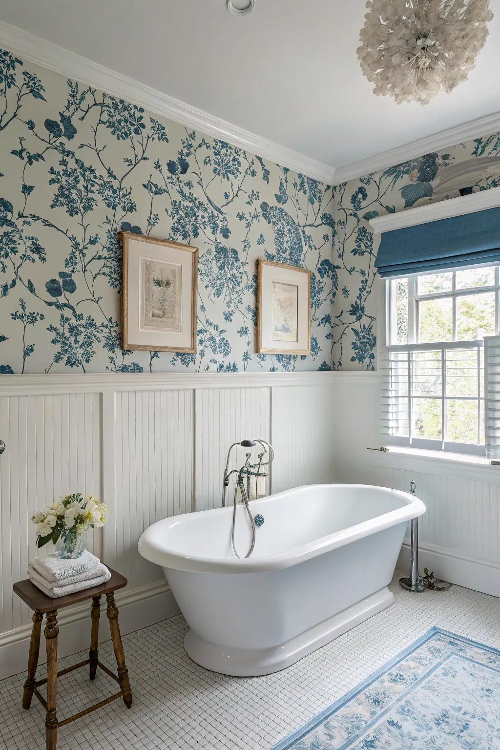 A serene bathroom design featuring blue floral wallpaper and white paint, fostering a peaceful ambiance.