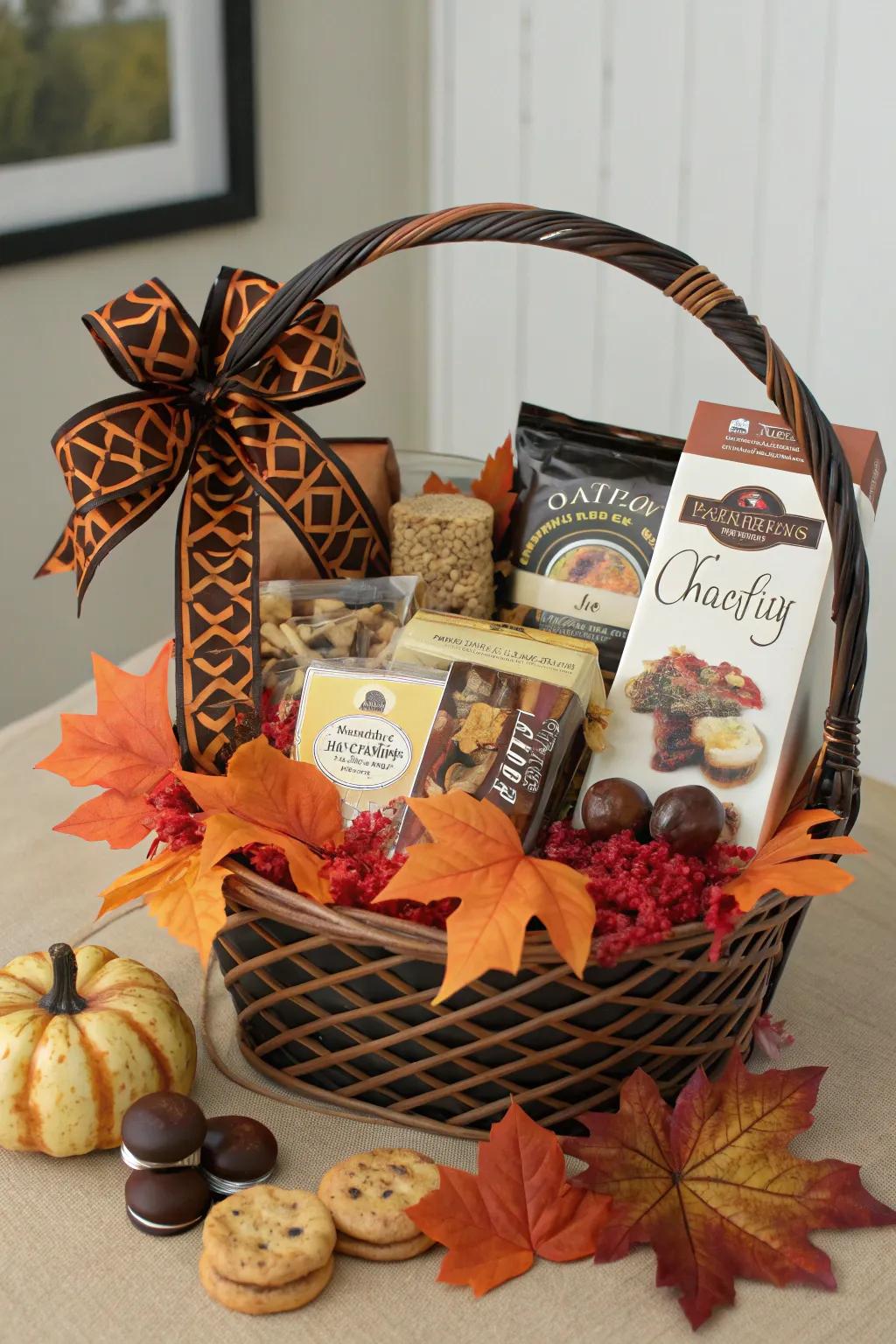 A basket overflowing with gourmet treats for a luxurious Halloween surprise.