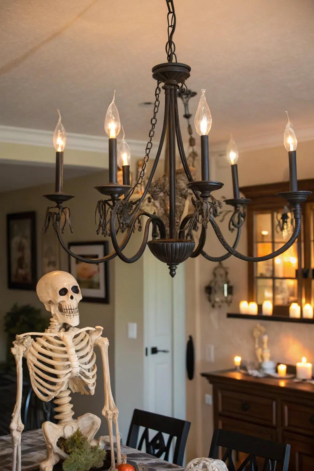 A skeleton converts a chandelier into an eerie focal point.