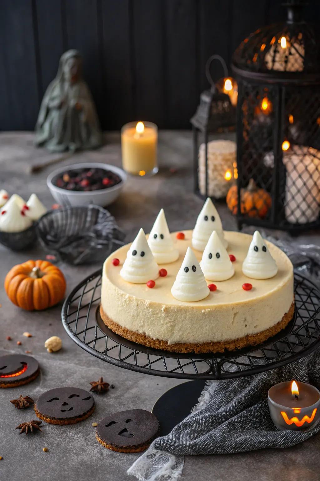 Ghost figures lend a spooky appeal to this cheesecake.