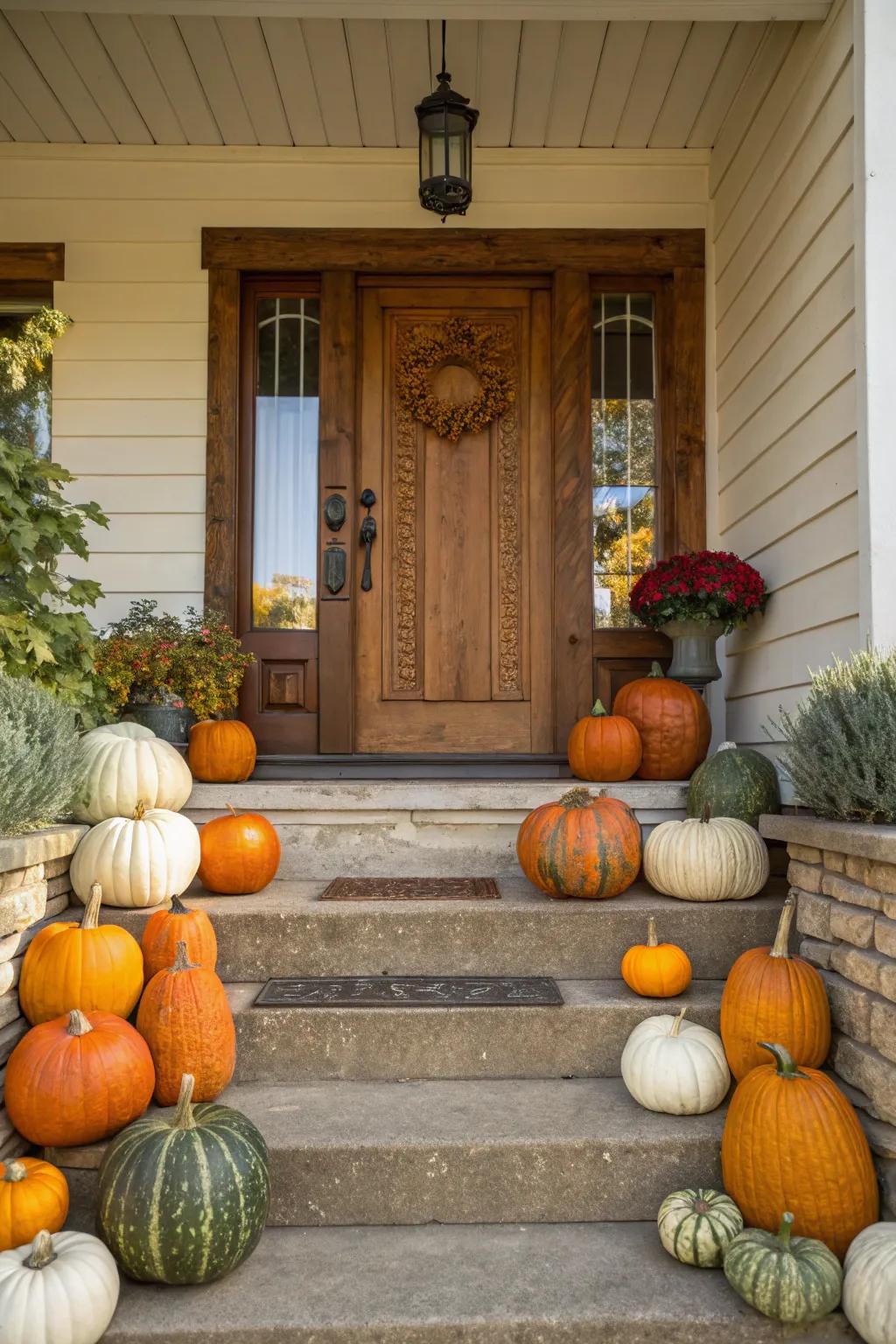 An attractive pumpkin assortment to greet those seeking candy.
