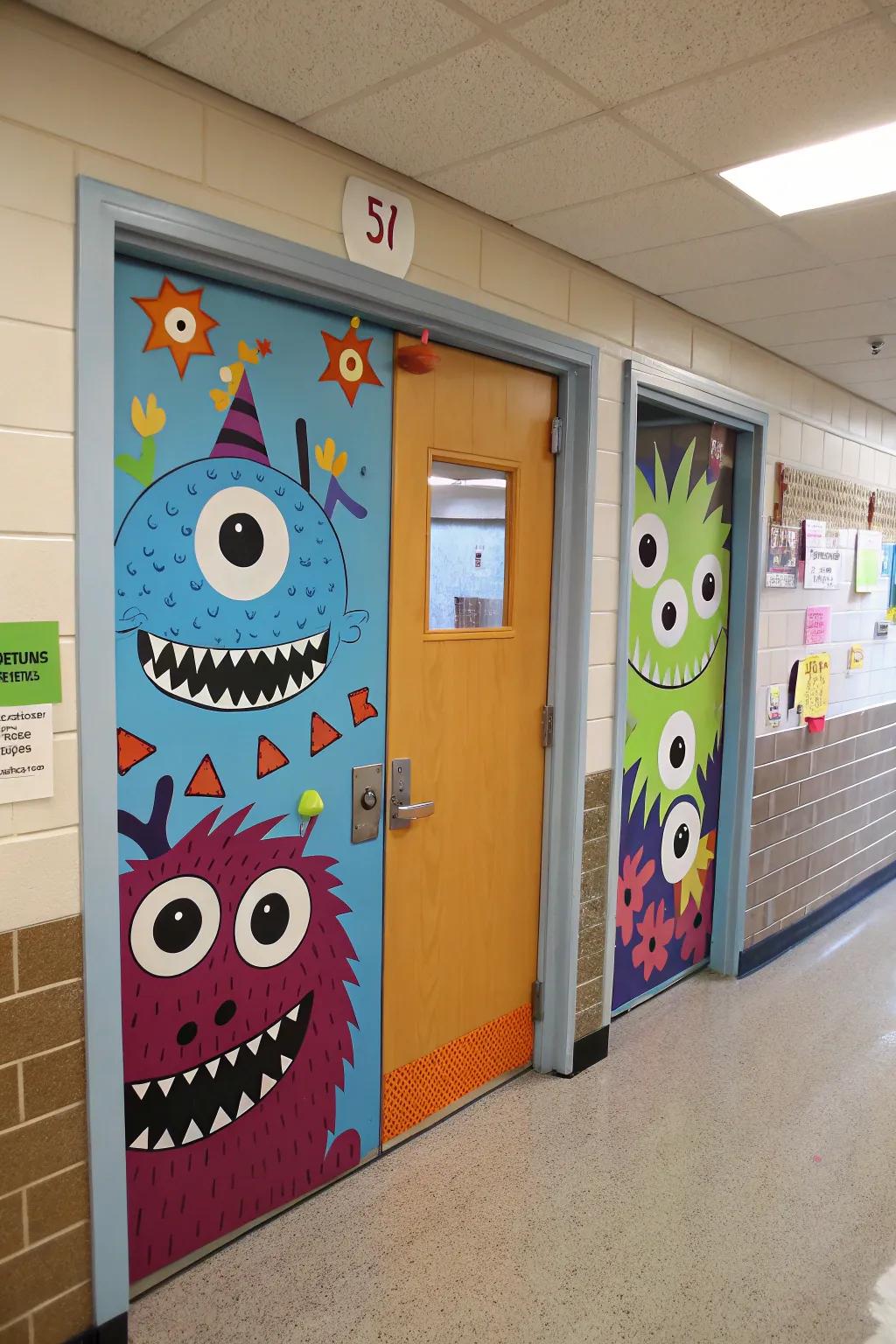 A doorway animated with friendly, vibrant monsters, perfect for a school setting.