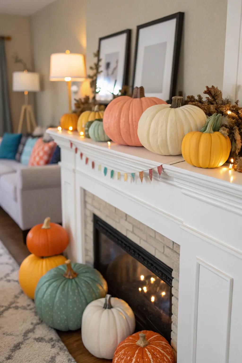 Gourd galore on the mantel, bursting with fall appeal.