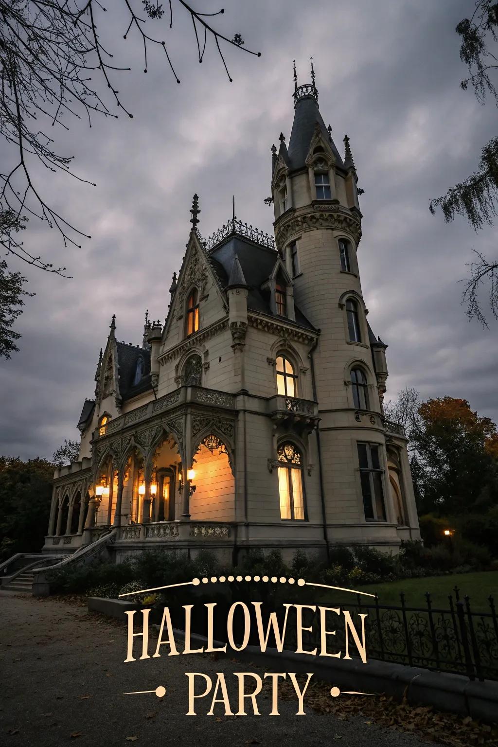 A Halloween announcement showcasing a gothic estate theme, ideal for an upscale yet spooky gathering.