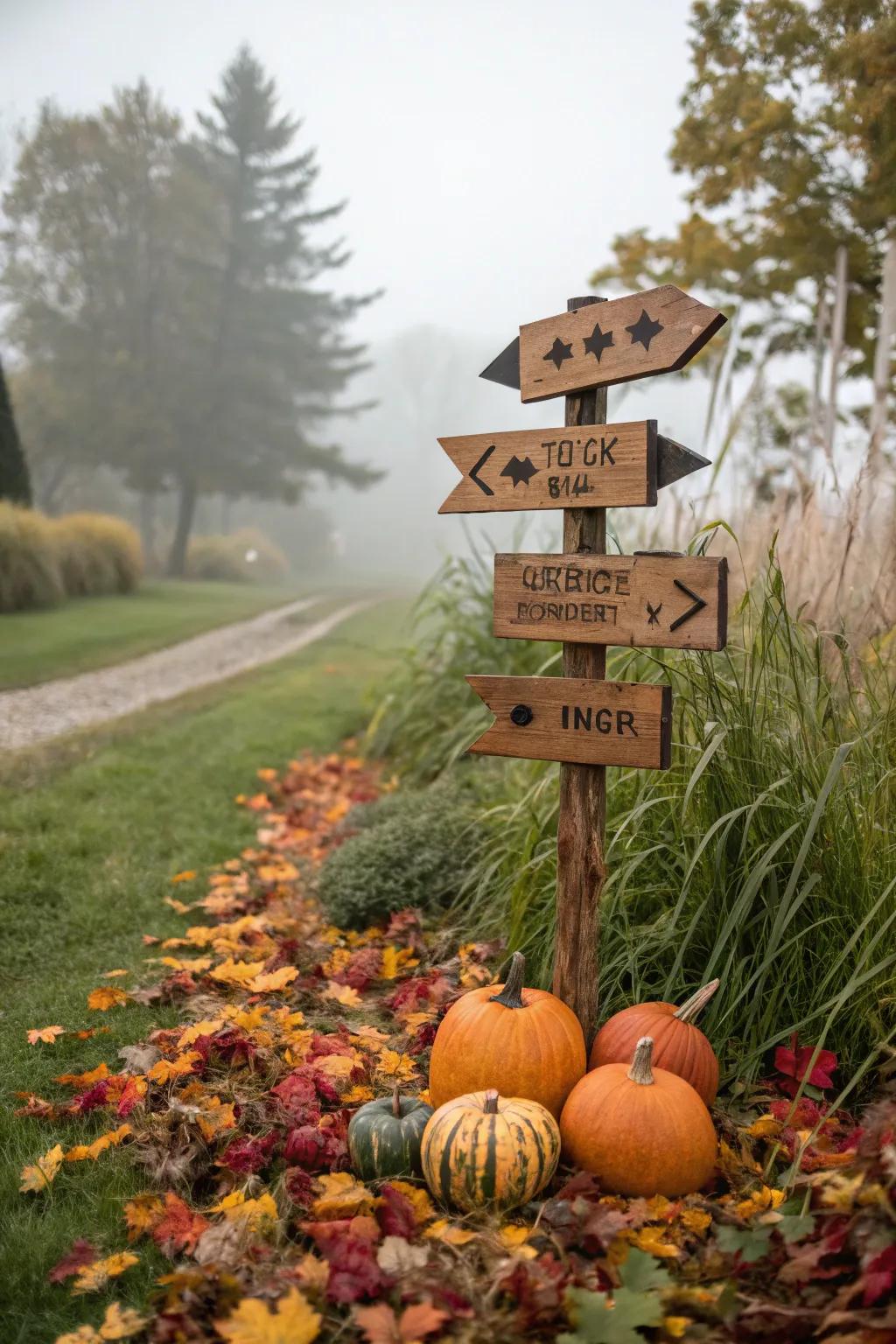 A countryside multi-way Halloween sign in the garden.