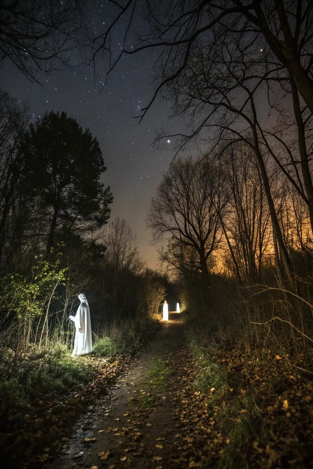 Ghostly shapes guide the way along a woodland path.