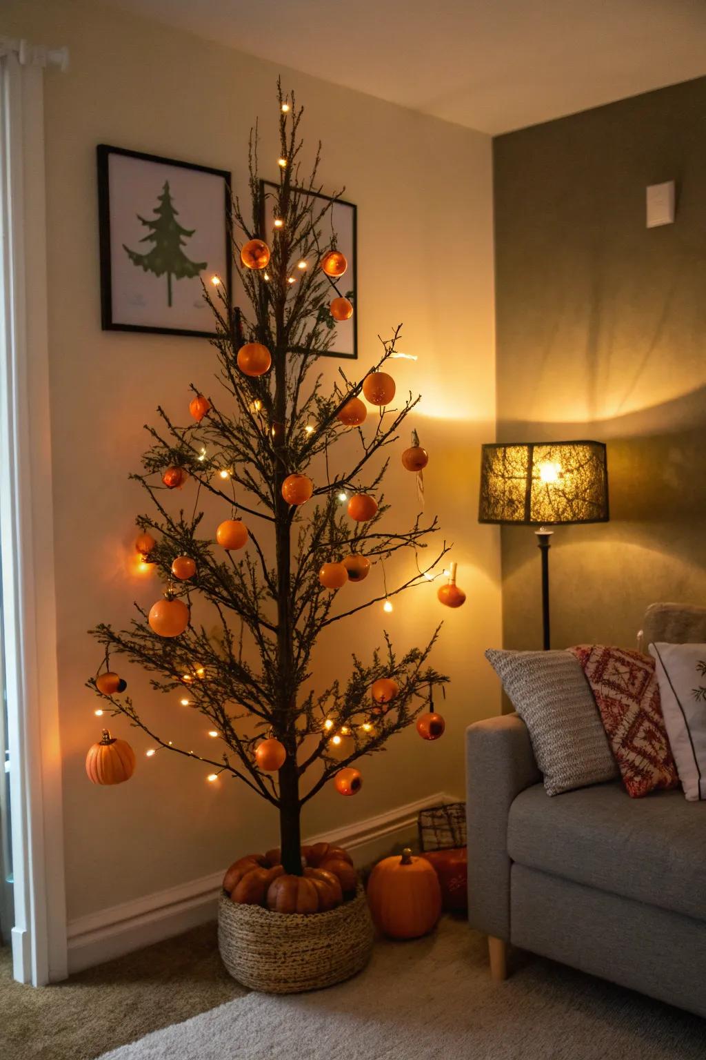 A Halloween tree aglow with little pumpkins and orange lights.