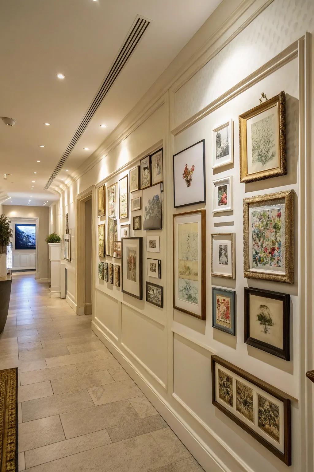 A curated wall display transforms an entryway into an artistic passageway.