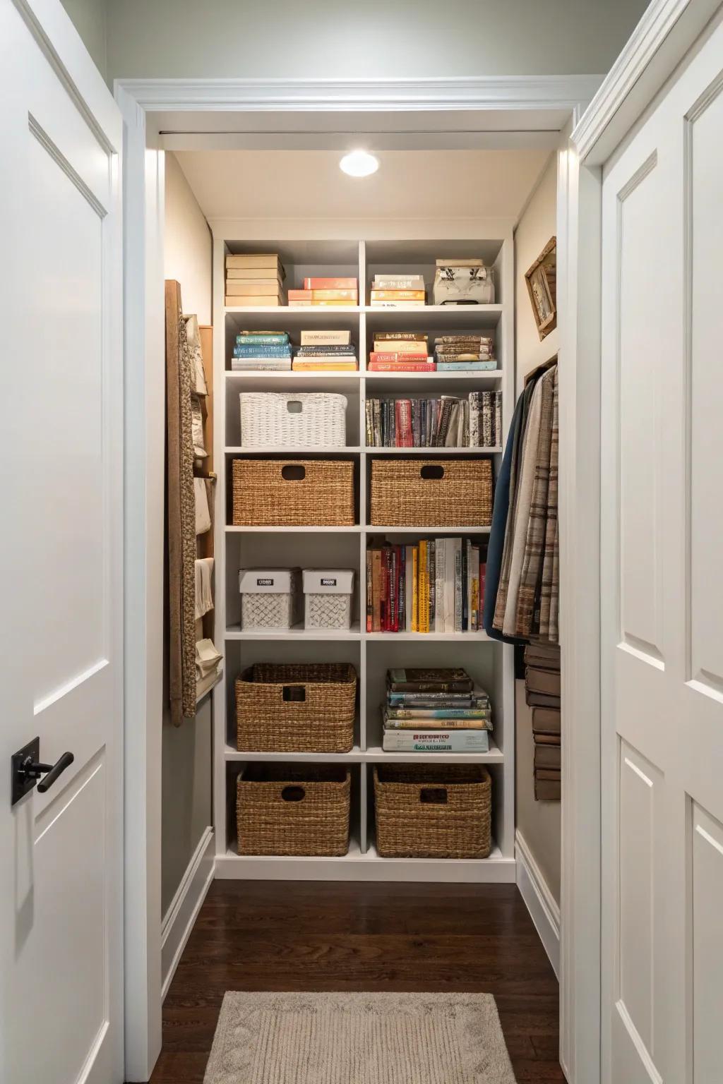 A neat hallway closet using adaptable shelving to maximize vertical storage.