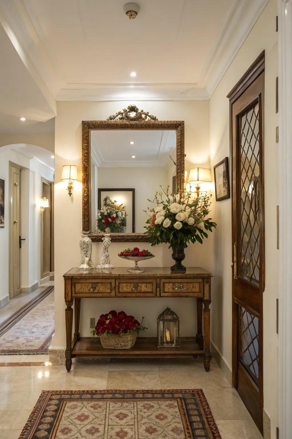 A timeless console table paired with a mirror for classic sophistication.